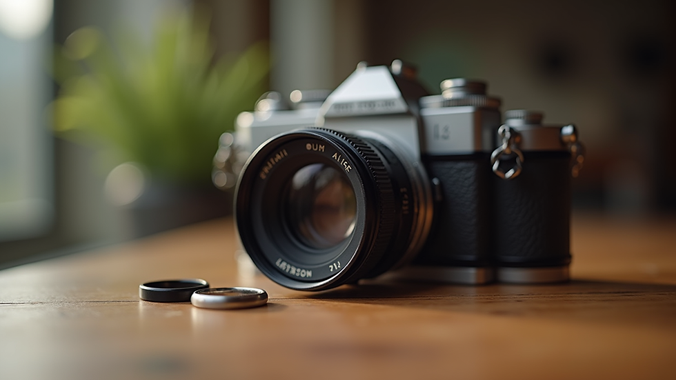 Close-up view of a vintage camera on a wooden table with wedding rings nearby