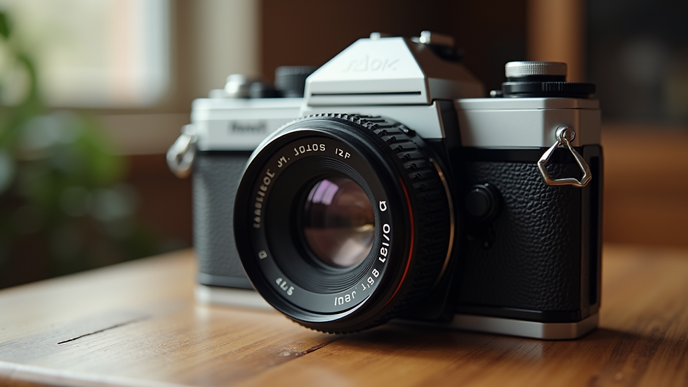Close-up view of a vintage camera on a wooden table