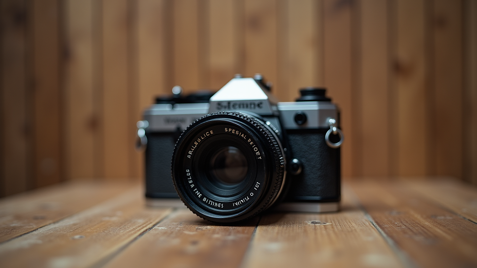 Eye-level view of a vintage camera on a wooden table