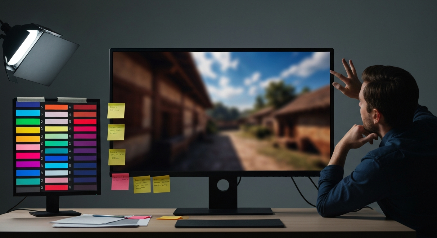 A lighting artist evaluating atmosphere and mood inside a real game development studio.