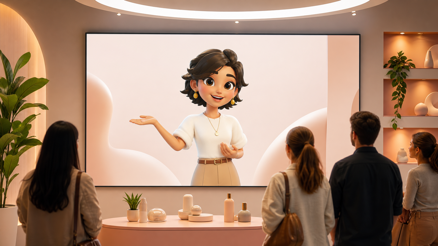 Fresh interactive 3D avatar guiding visitors in a modern brand showroom