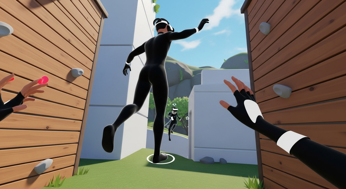 A VR player’s in-game perspective showing avatar movement and interaction inside a fully immersive virtual environment.