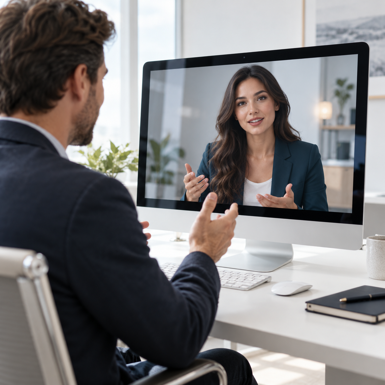 Business visitor talking to a professional digital sales avatar on a desktop display