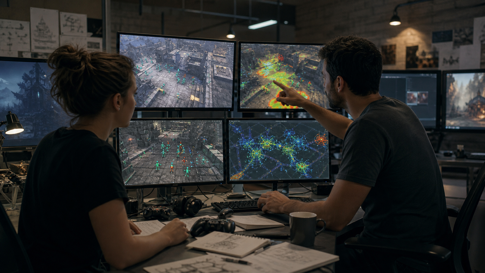 Developers reviewing AI movement patterns and simulated playthroughs for a game level