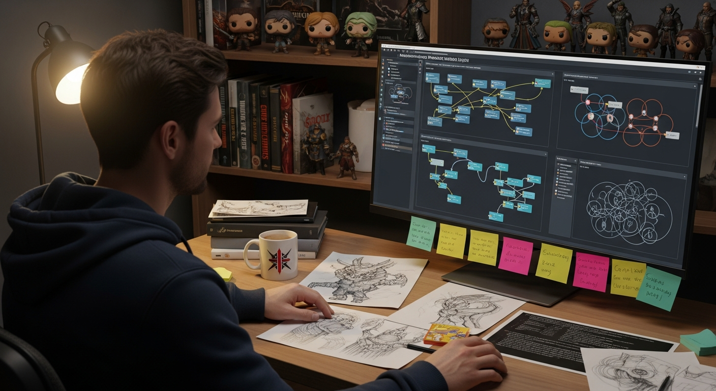 A narrative designer reviewing procedural storytelling and branching narrative tools in a real game development office.