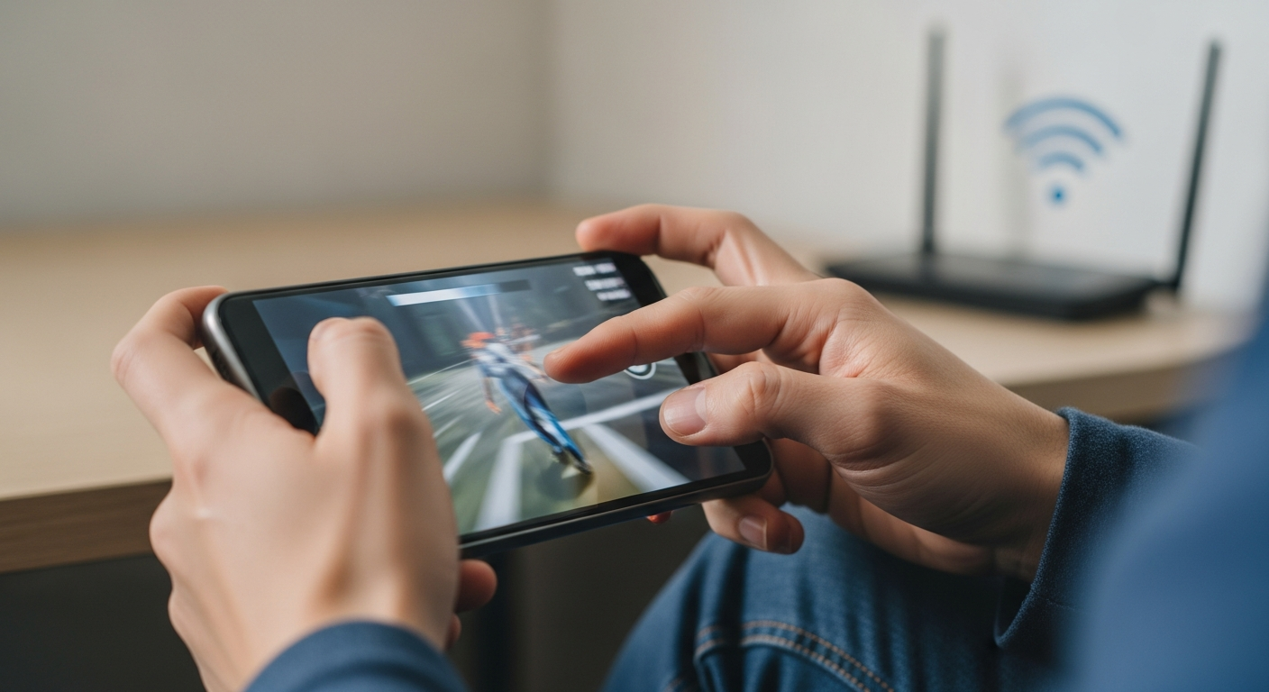 A close-up of a player’s hands using a controller while cloud gaming on a mobile device, highlighting real-time streaming interaction.