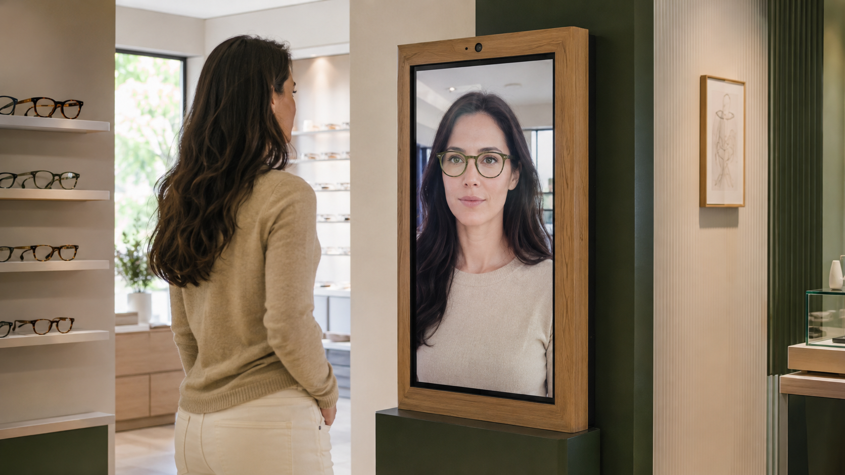 Customer exploring virtual eyeglass frames on a physical camera-based try-on display