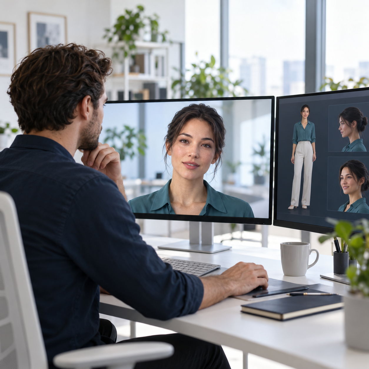 Developer reviewing a digital-human integration concept on dual monitors in a bright modern office