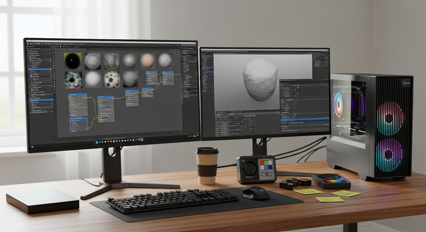 A real graphics workstation displaying shader networks and rendering settings used in modern real-time pipelines.