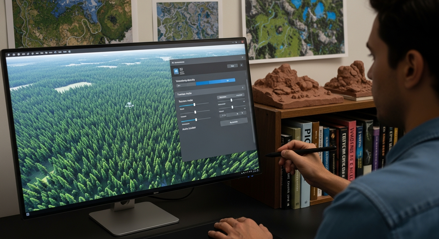 A level designer refining AI-generated terrain using world-building tools in a realistic development studio.