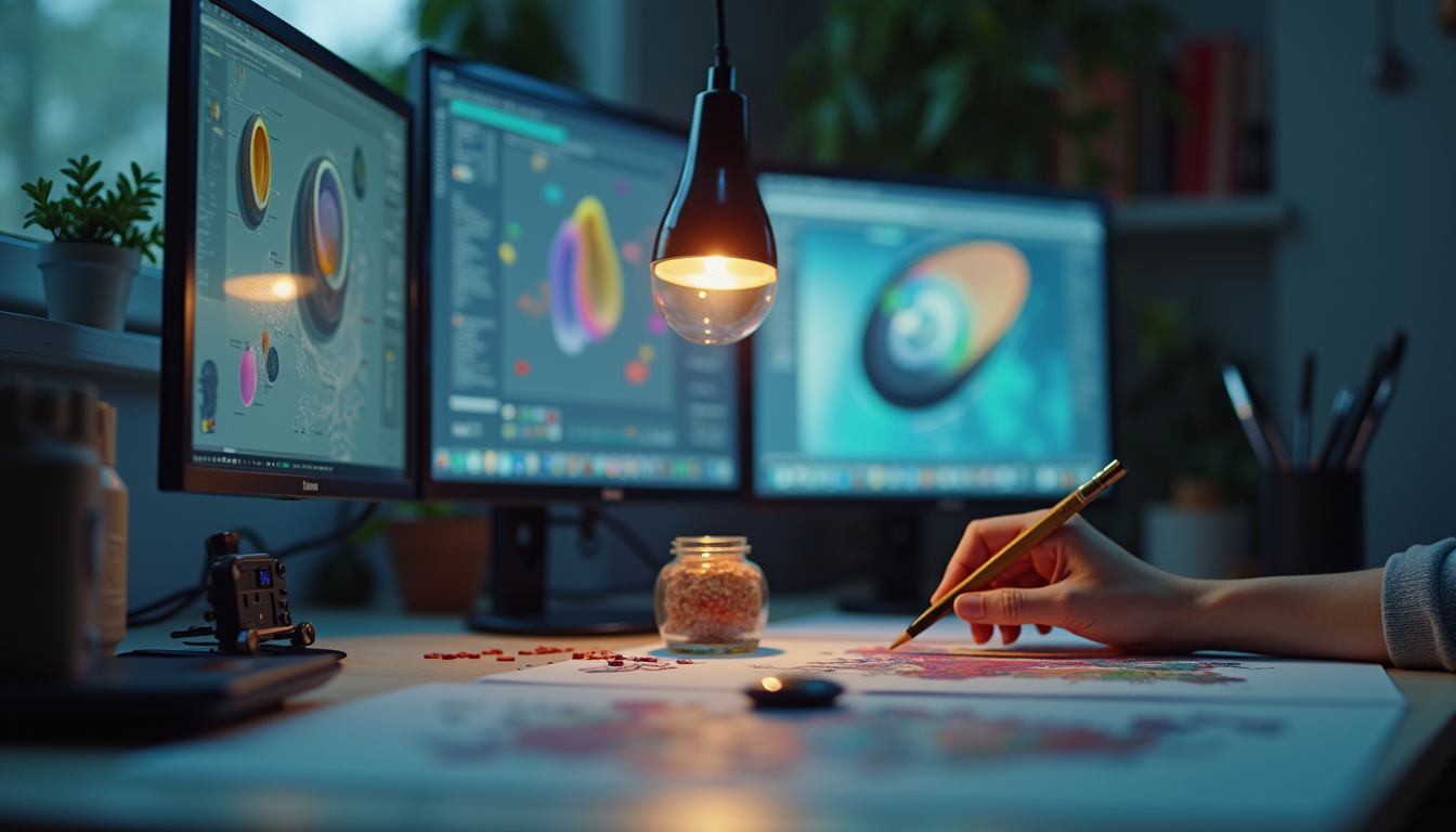 Eye-level view of a 3D artist working on polygon reduction in a modeling software