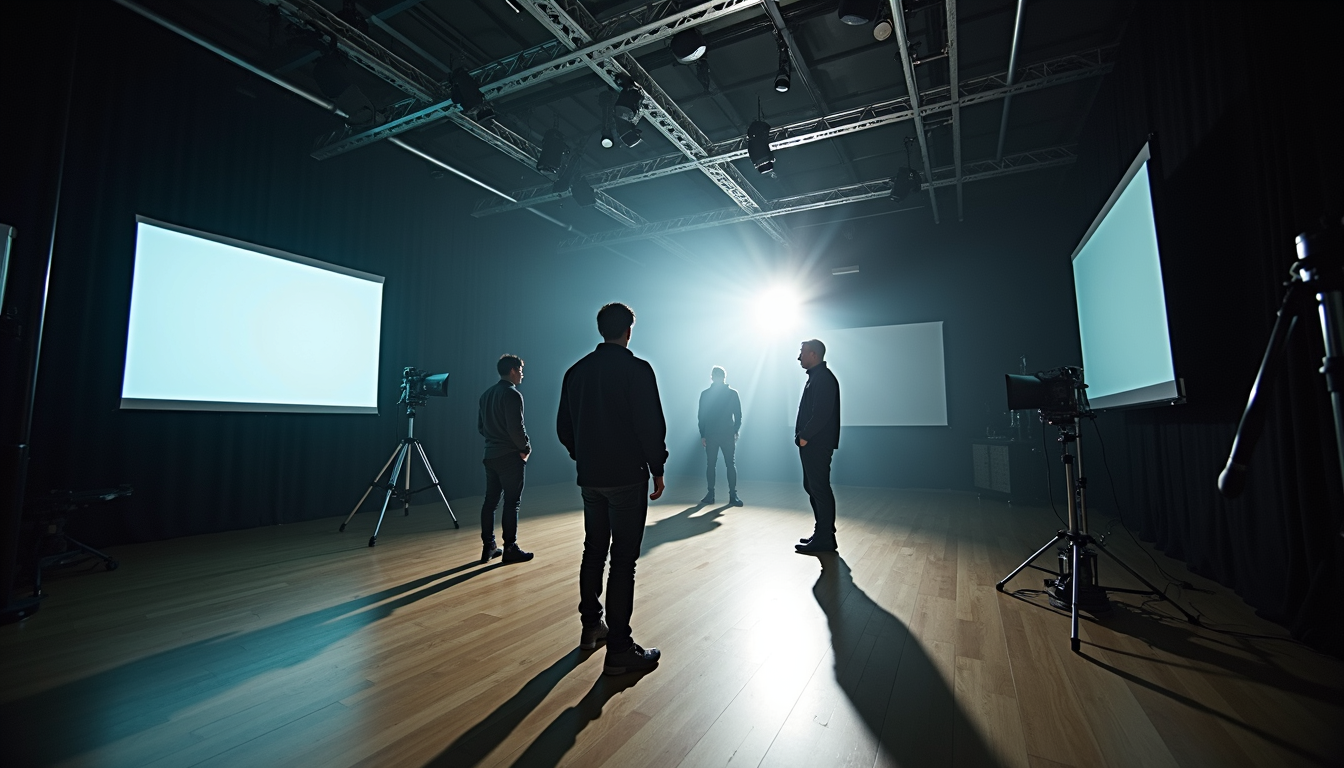 High angle view of a motion capture studio with actors performing