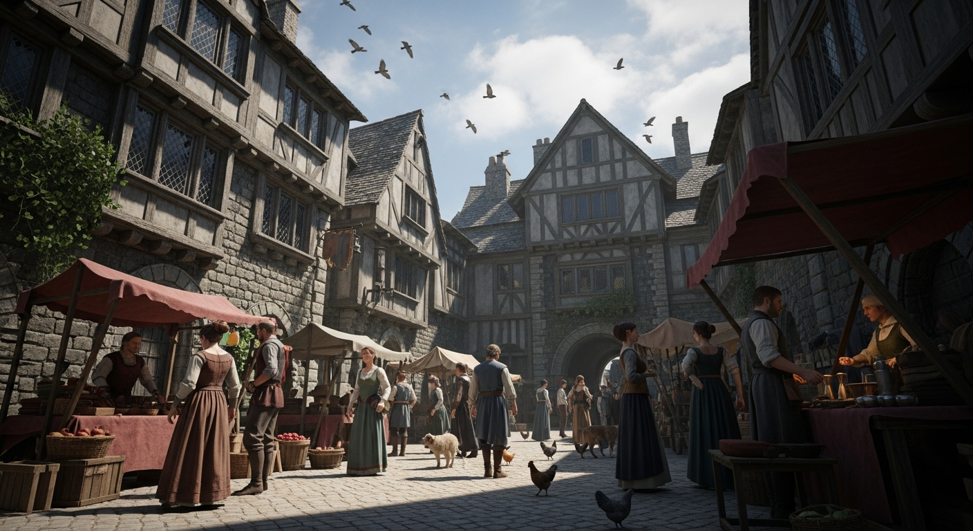 A lively open-world town environment demonstrating NPC ecosystems, crowd movement, and environmental activity that makes game worlds feel alive.