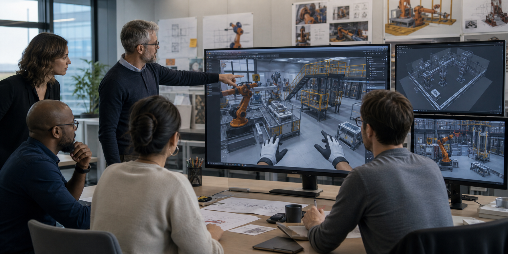 Game production team reviewing optimized engine assets on multiple monitors