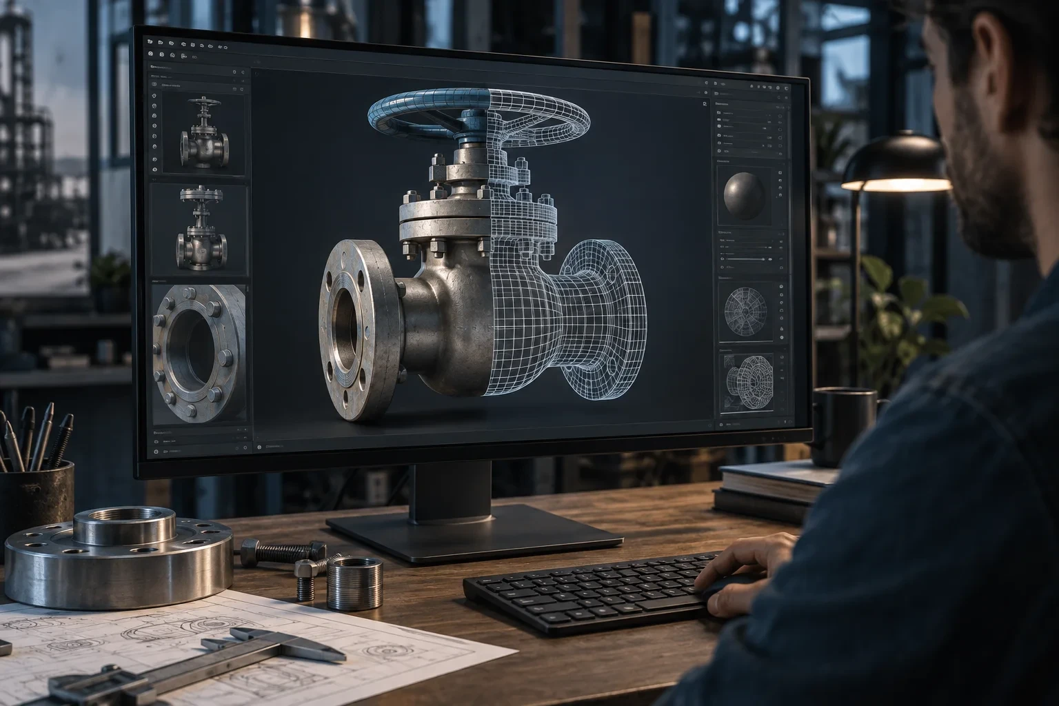 Industrial valve model and metal references at an asset-production workstation — AI-generated concept