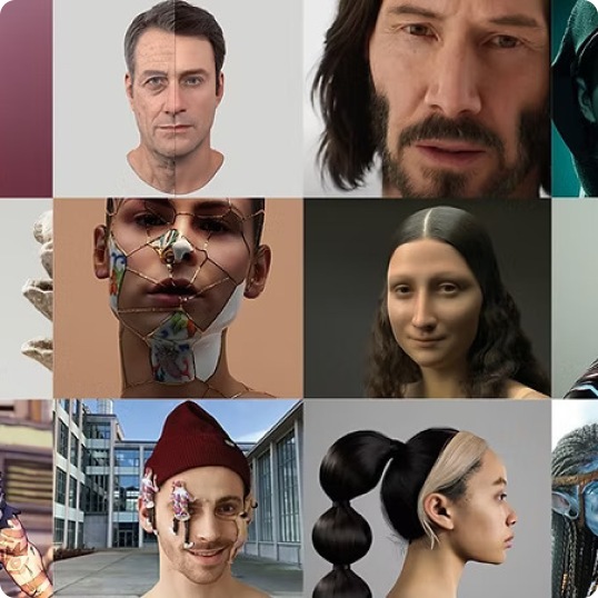 Photorealistic digital human collage showing facial capture and avatar production