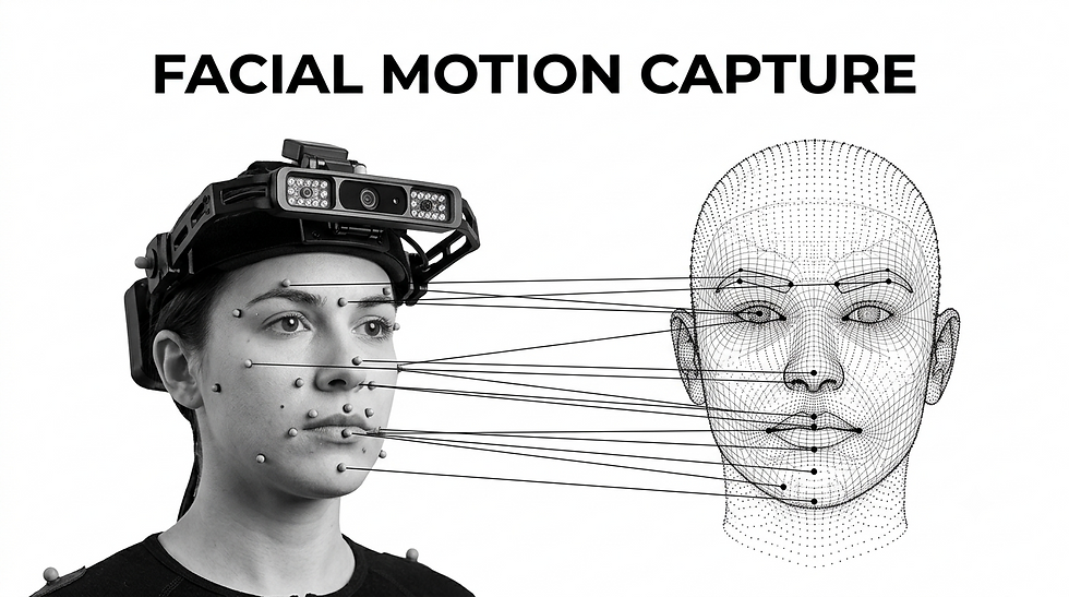 Actor wearing facial motion capture markers beside a digital face
