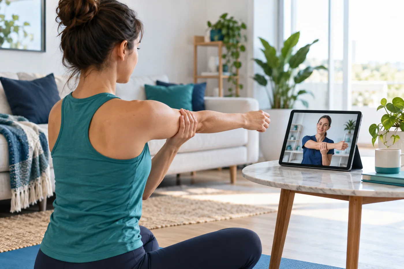Illustrative xr rehabilitation platforms ai guided remote care scene