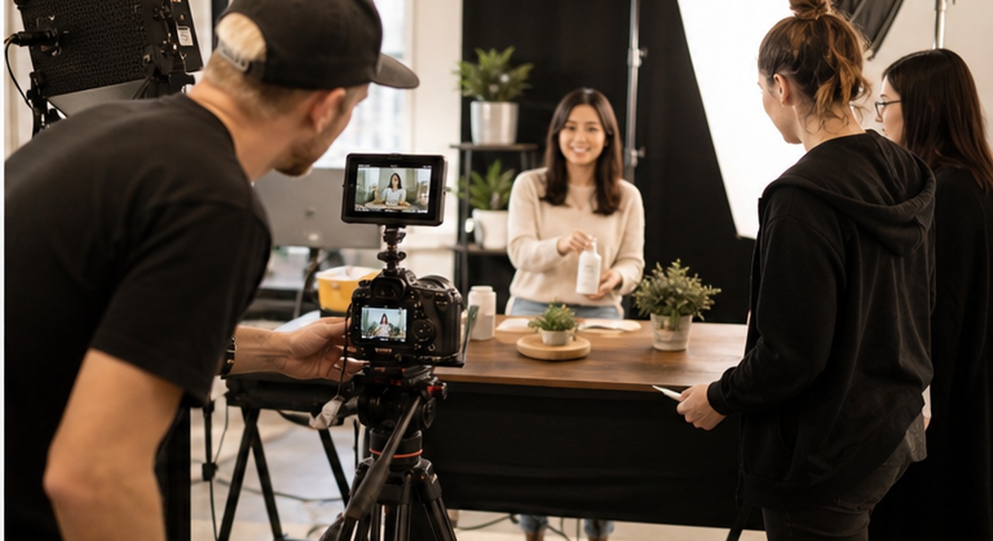 Production crew filming product advertising creative for testing