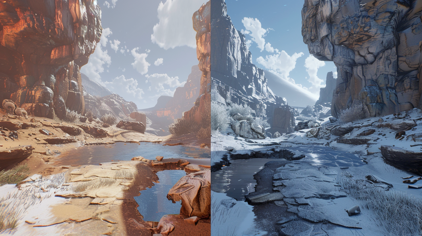 A visual contrast between optimized Unity-style performance scenes and high-end Unreal cinematic rendering.