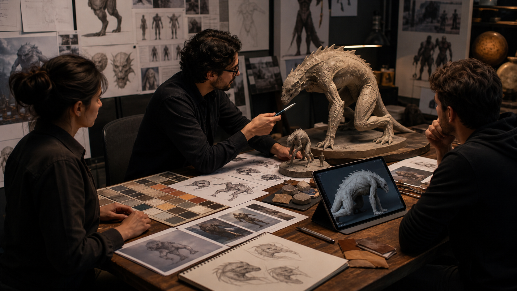 Creature asset review table with concept art and optimized 3D model references