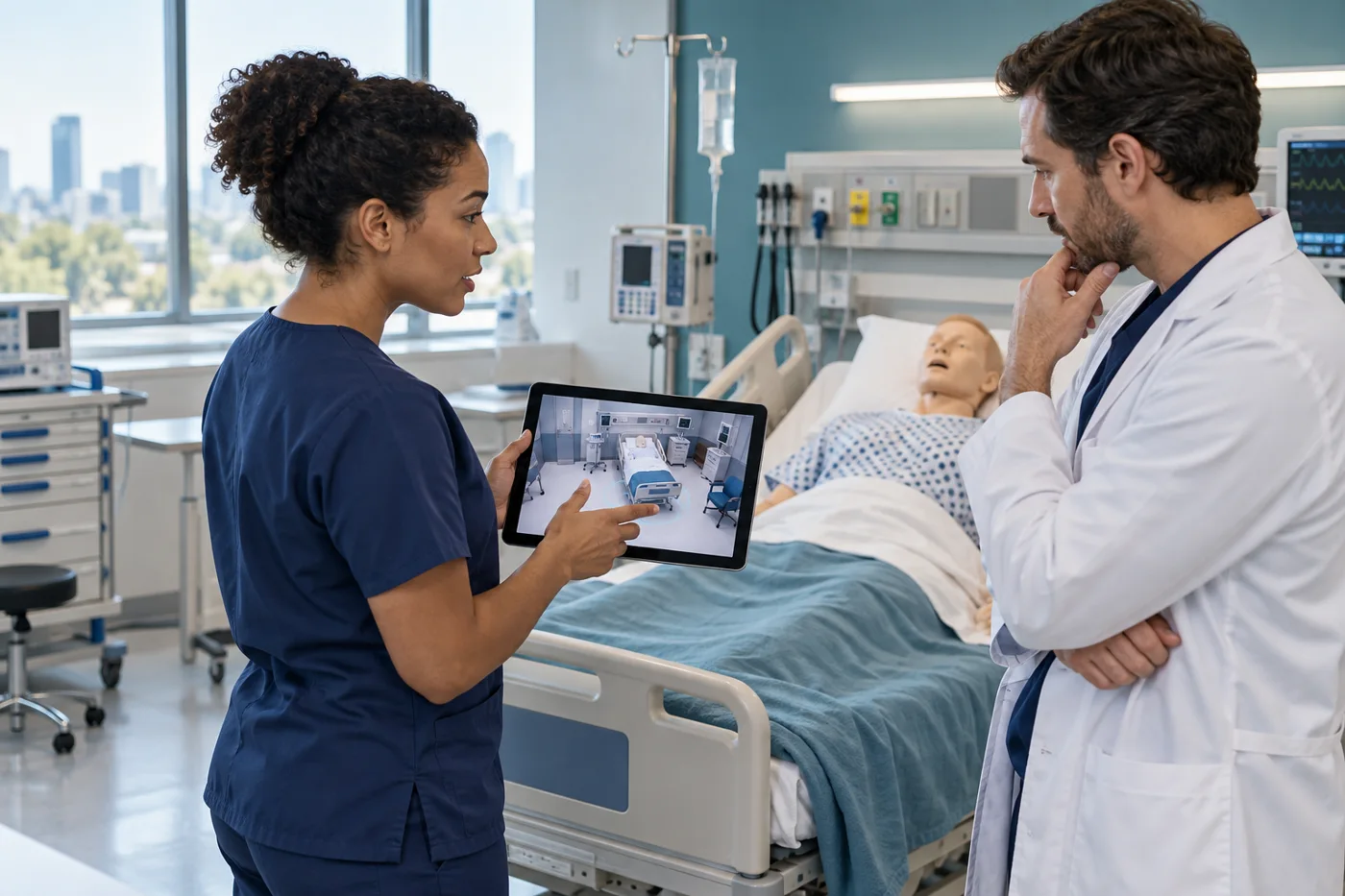 Illustrative hospital training and safety protocol scene