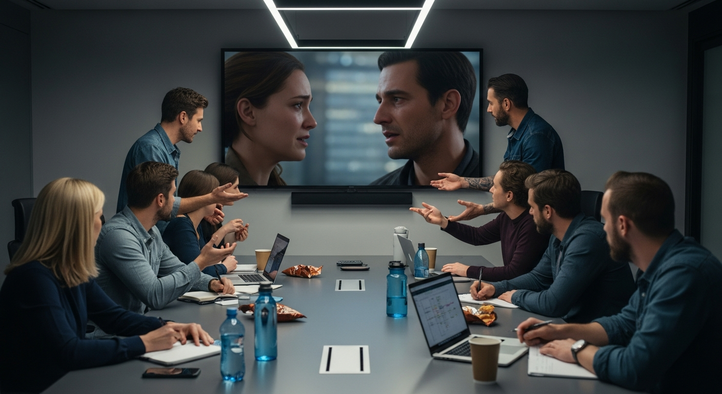 A game studio team reviewing an emotional animated cutscene to refine storytelling.