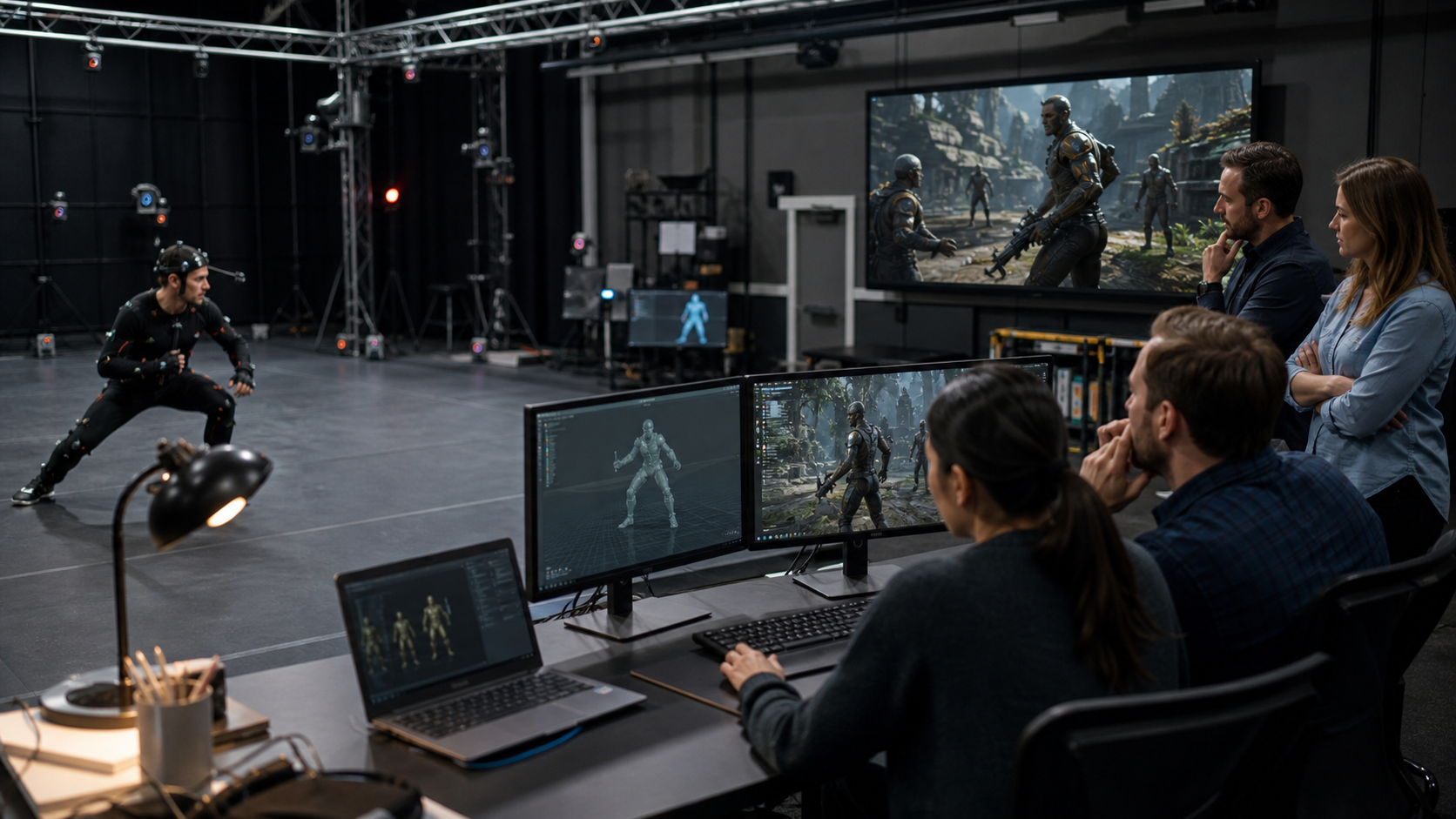 Motion capture and NPC behavior team reviewing gameplay character movement in a studio