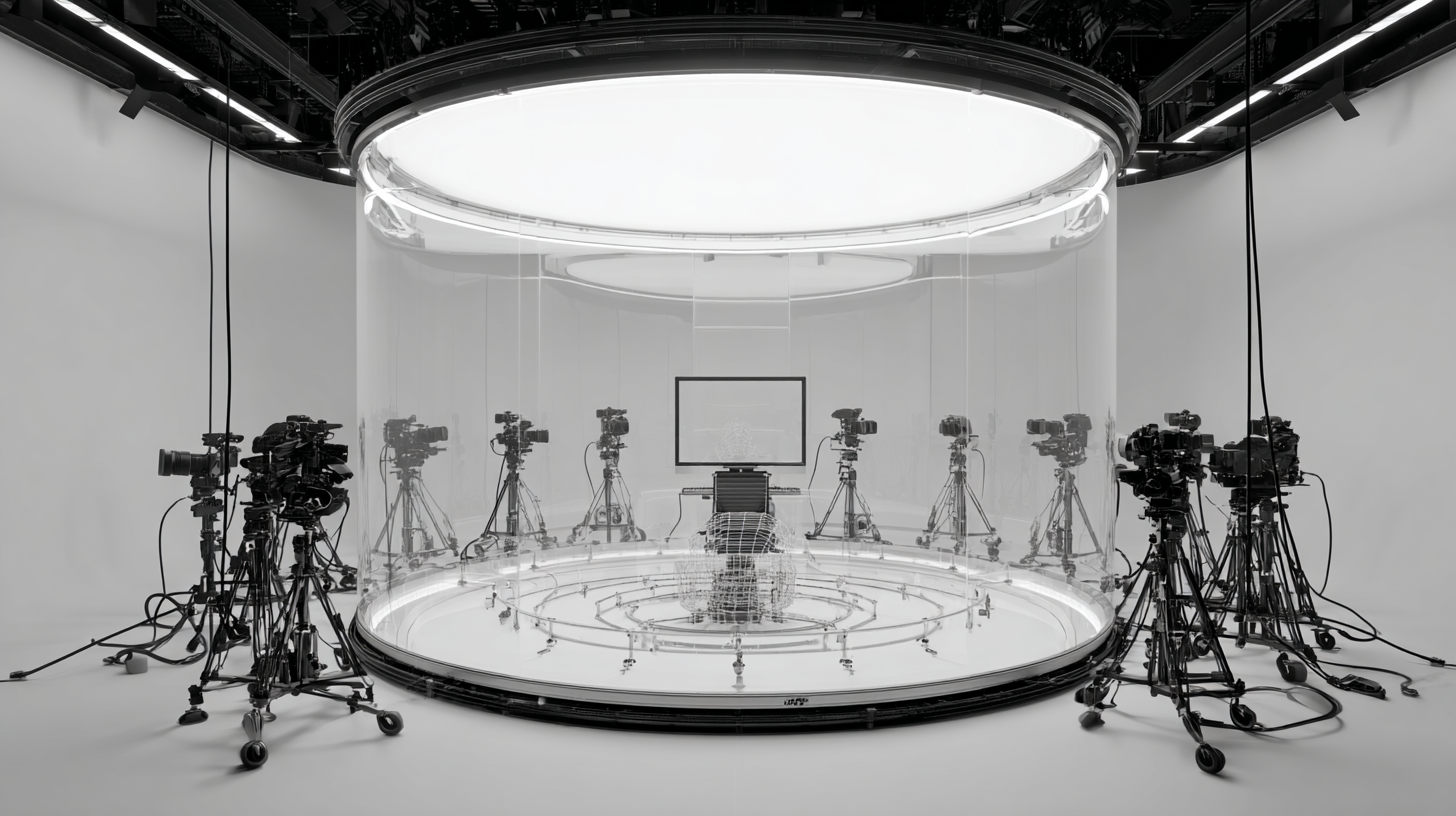A photorealistic studio setup showing the core stations of an AAA gaming pipeline: mocap, VFX, scanning, and cinematics.