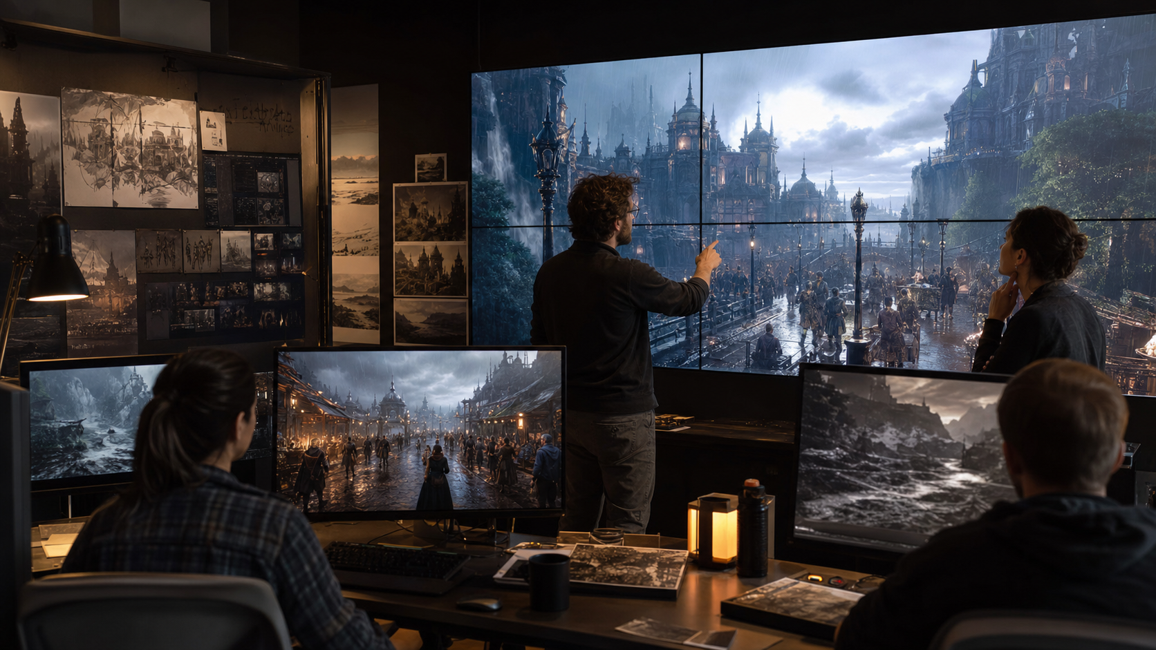 Technical artists reviewing crowd and weather simulation in a large game city environment