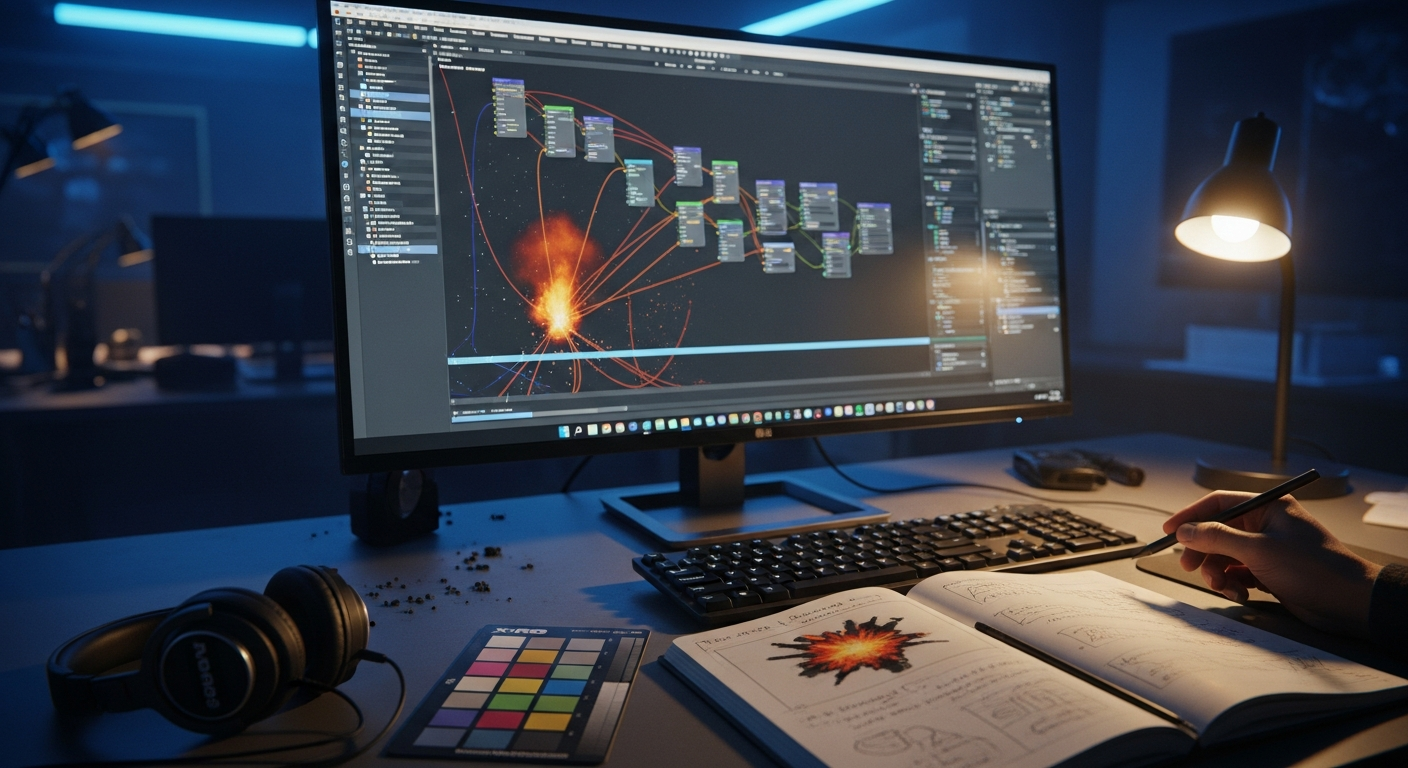 A VFX artist tuning particle systems and shaders inside a real game development workspace.