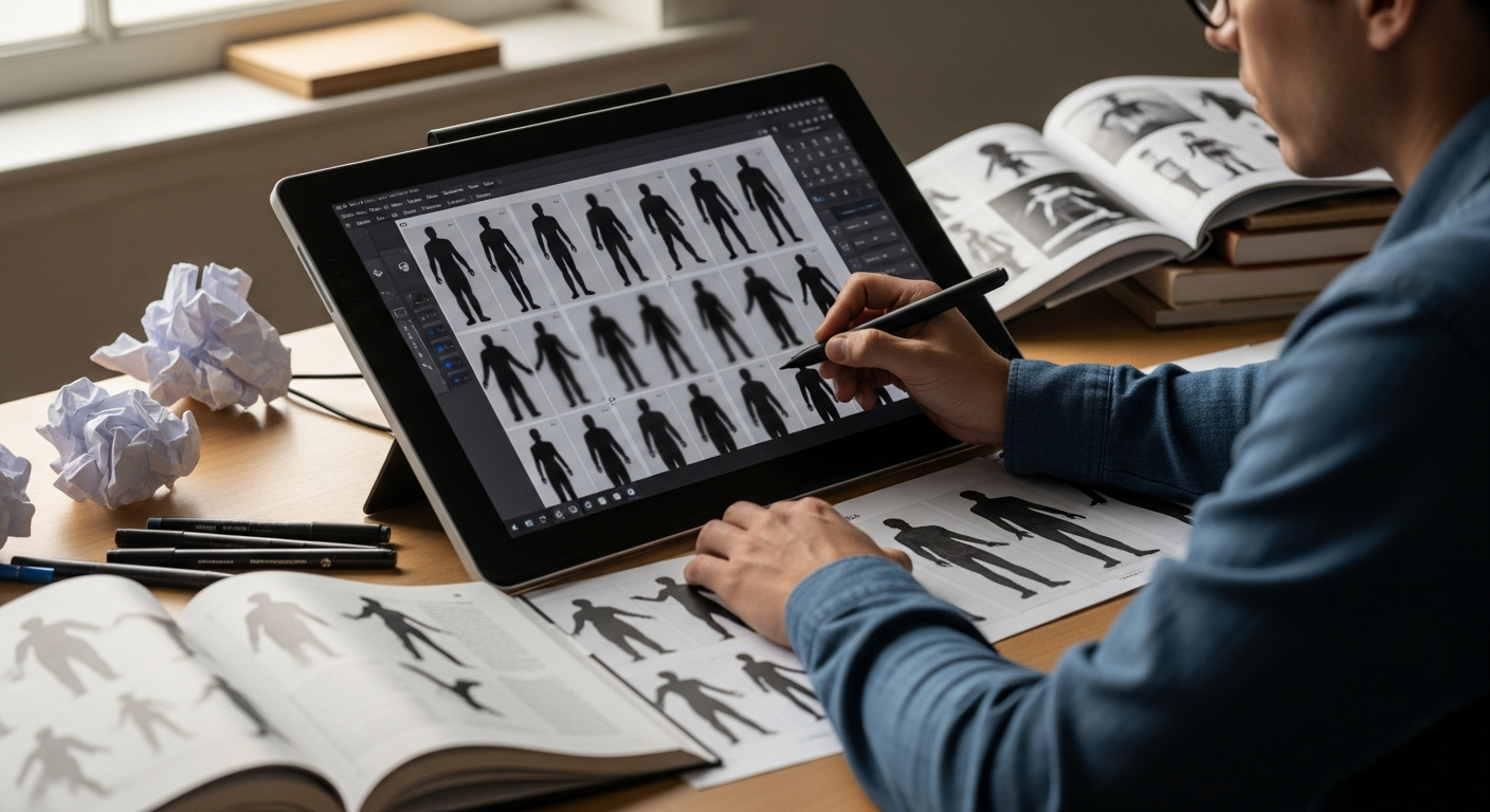 A concept artist developing silhouette shapes for characters as part of game art direction.