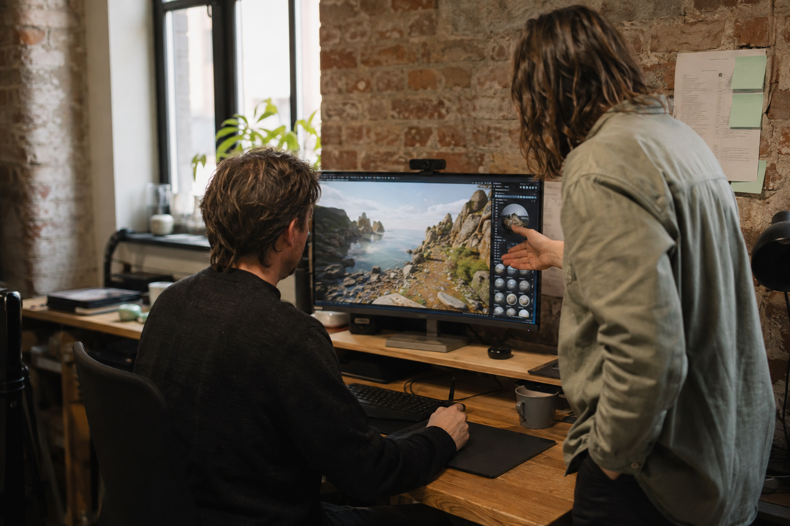 Two artists reviewing a real-time 3D landscape on a studio workstation