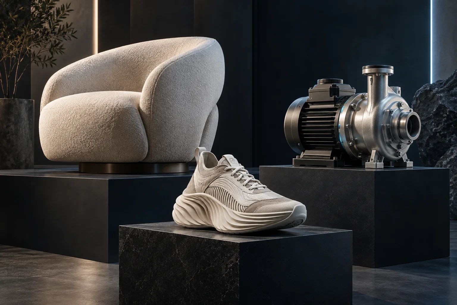 Chair, sneaker and pump models arranged as a real-time asset collection — AI-generated concept