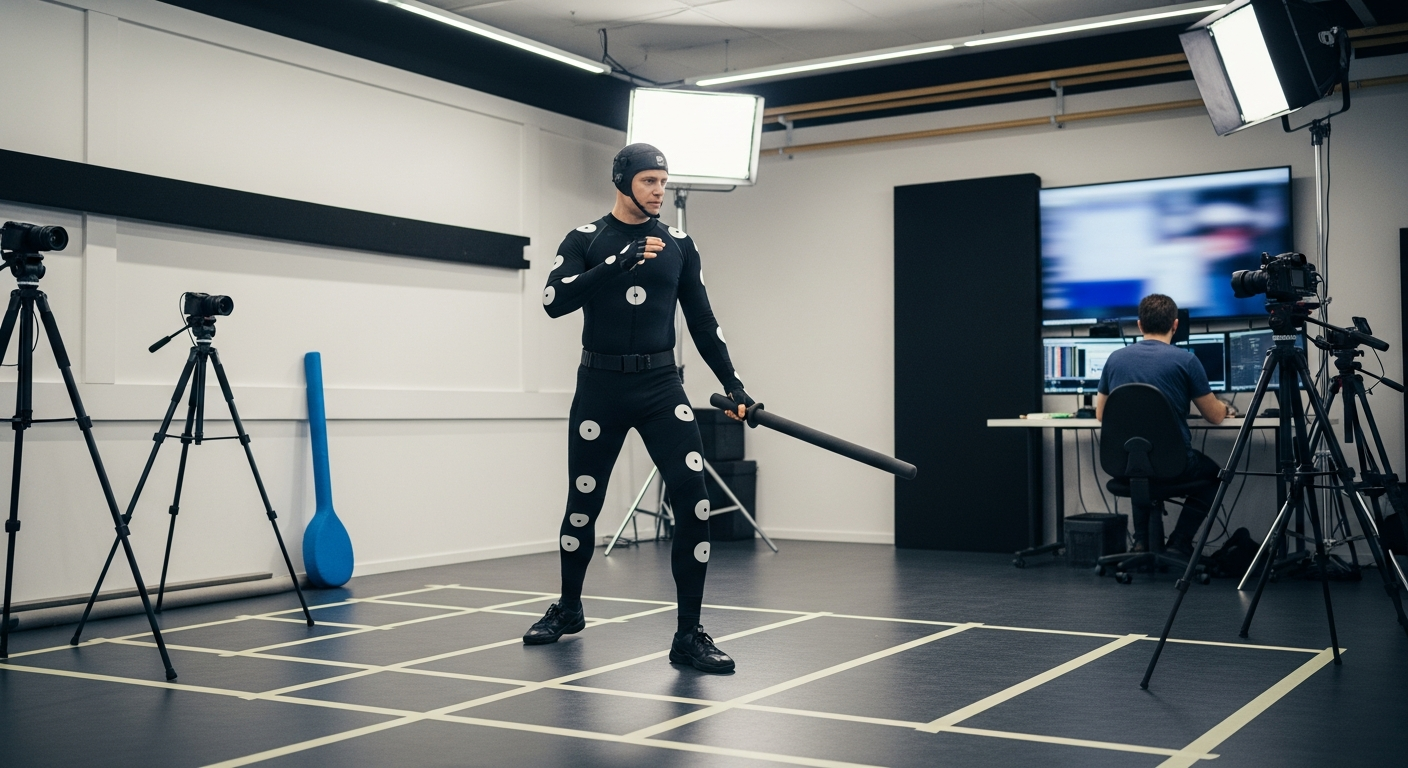 A mocap performer acting while surrounded by tracking cameras and a technician monitoring the capture session.