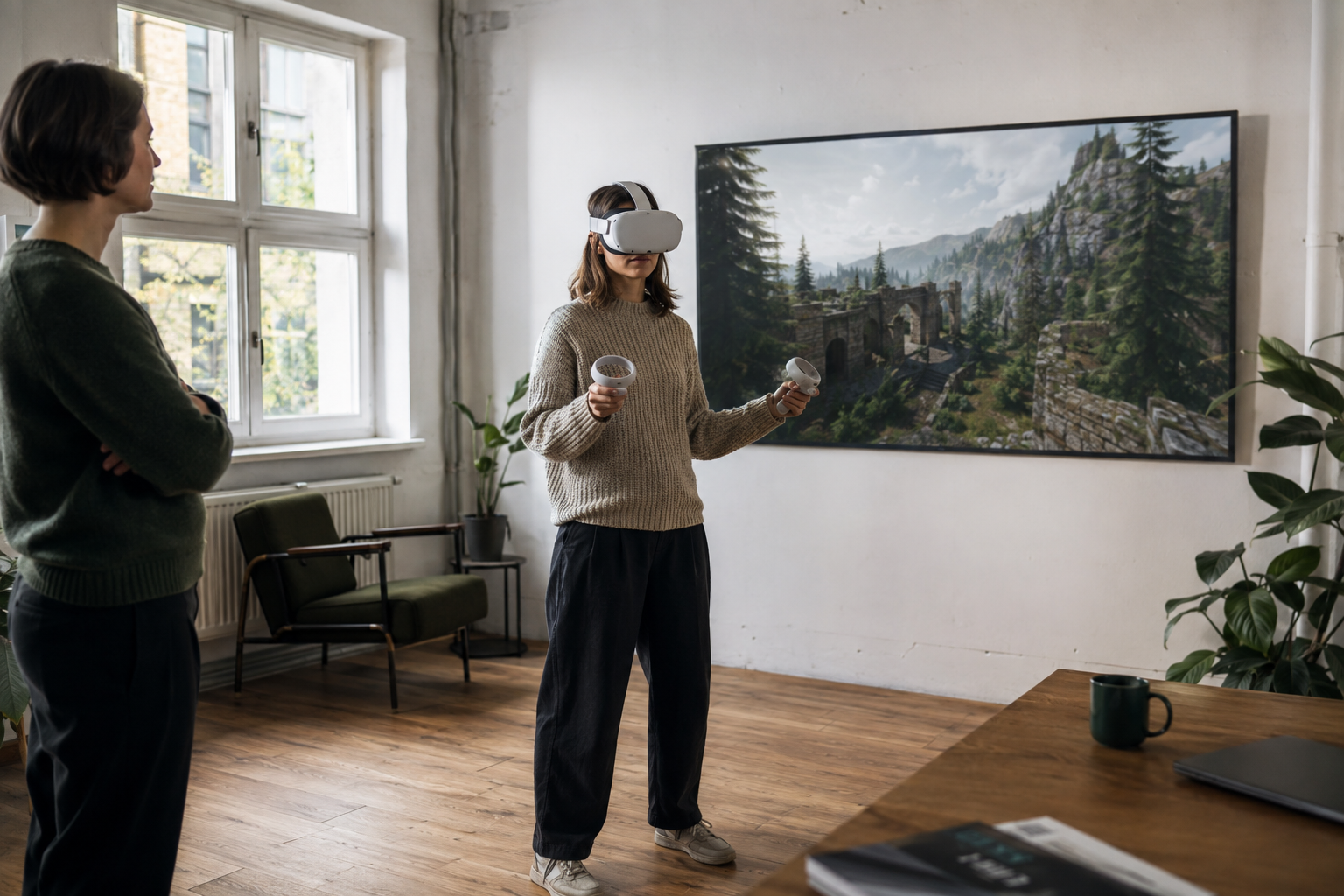 Illustrative VR demonstration with a conventional headset, handheld controllers and a display showing the virtual world
