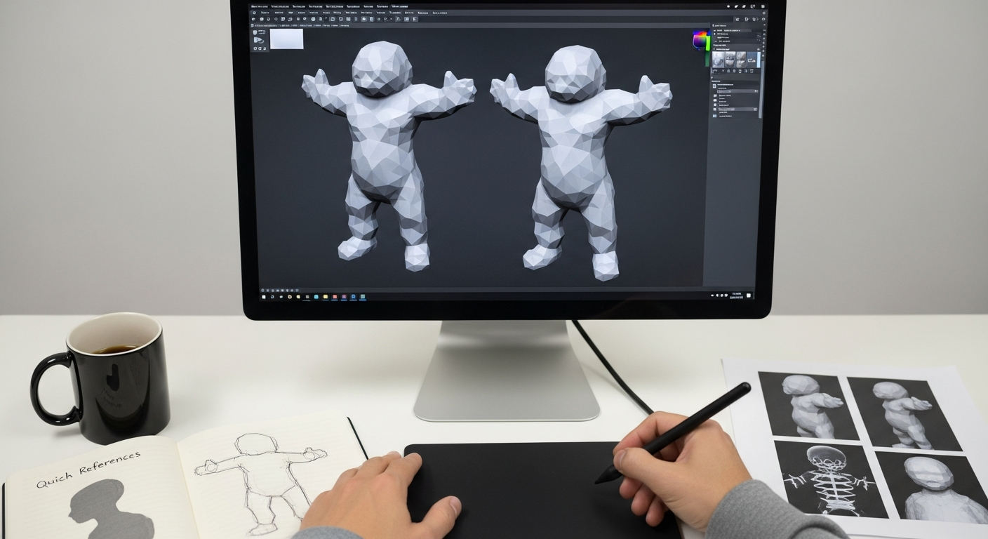 A game artist creating the early base mesh of a 3D model using simple polygon shapes in a real studio.