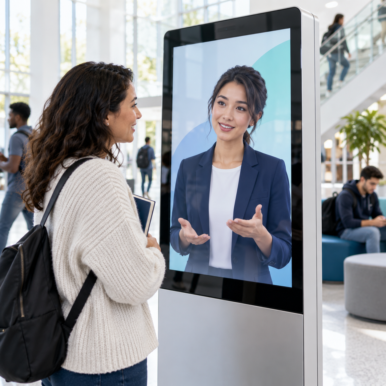 Prospective adult student consulting a university digital information guide on a campus kiosk