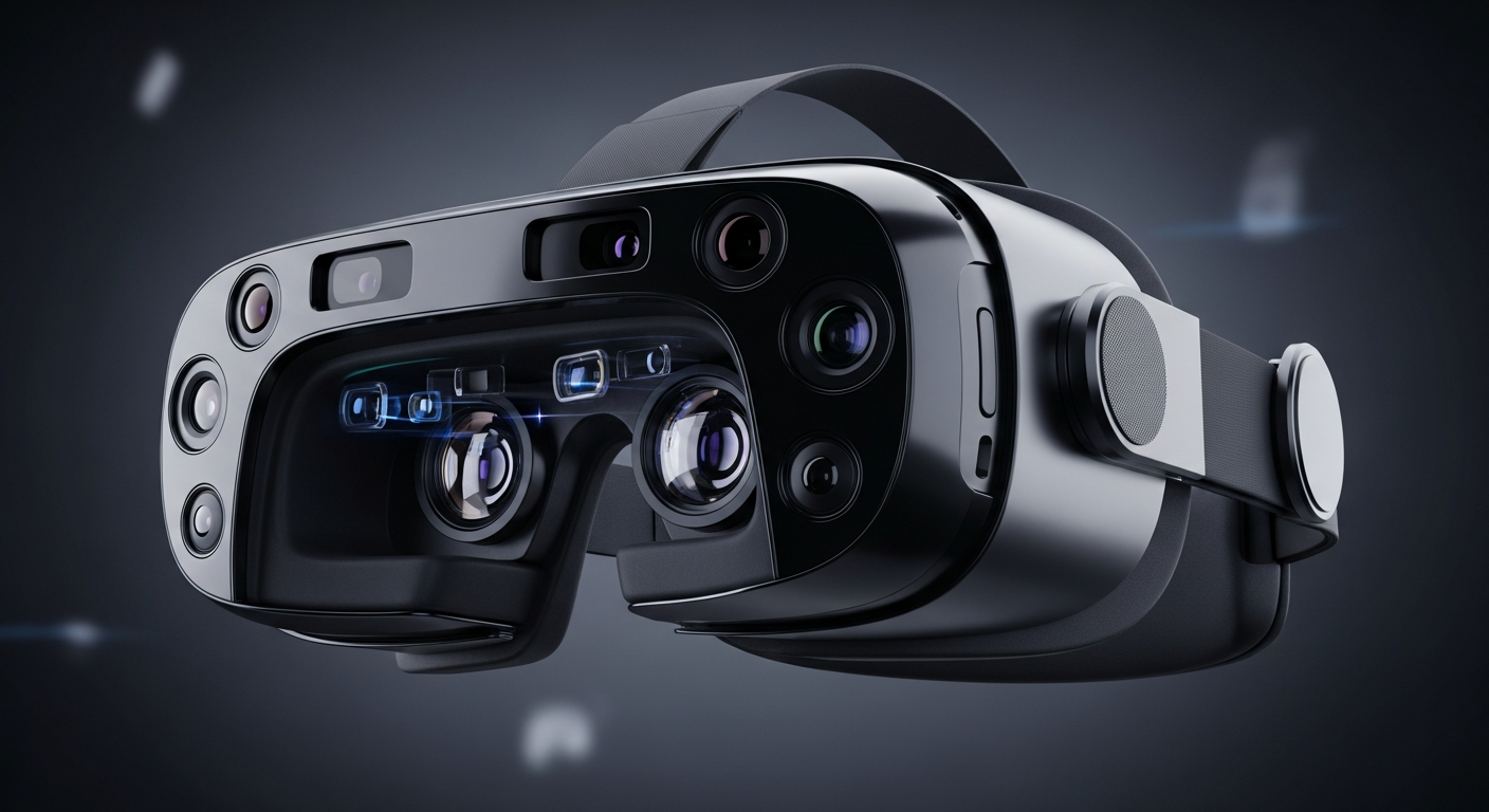 A realistic close-up of a modern VR headset showing lenses, sensors, and high-end design details.