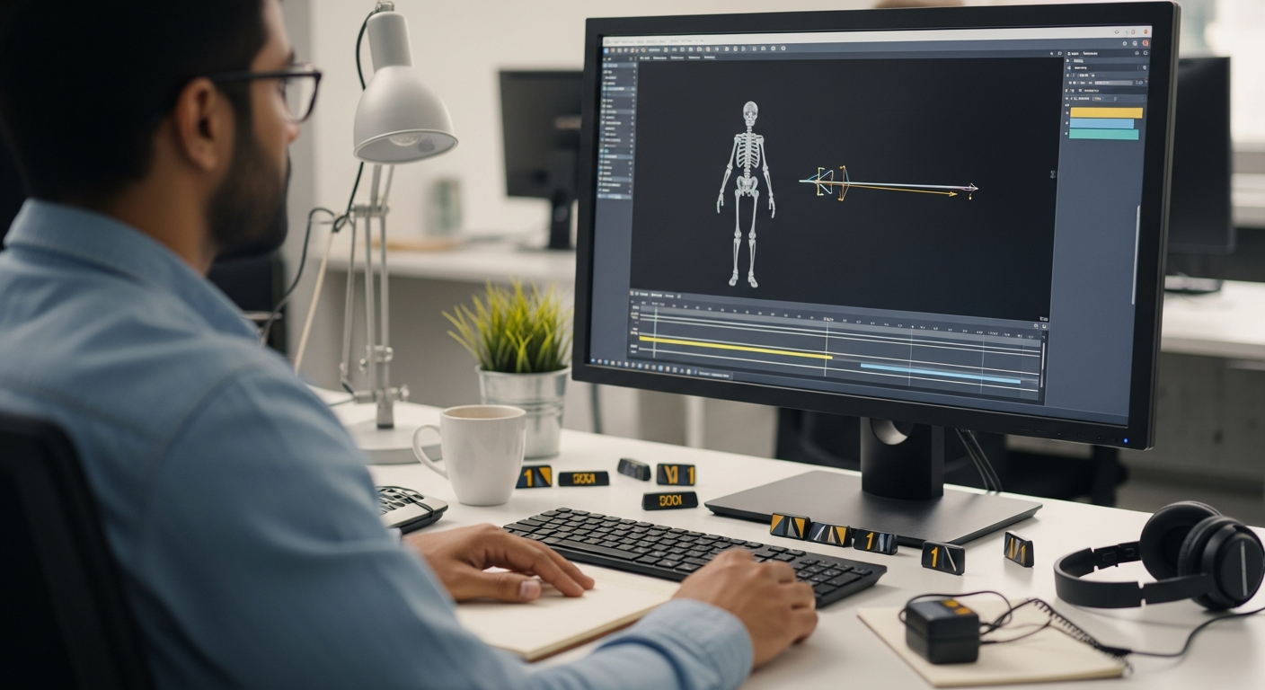 An animator reviewing captured mocap skeleton data on a workstation during the cleanup and retargeting phase.