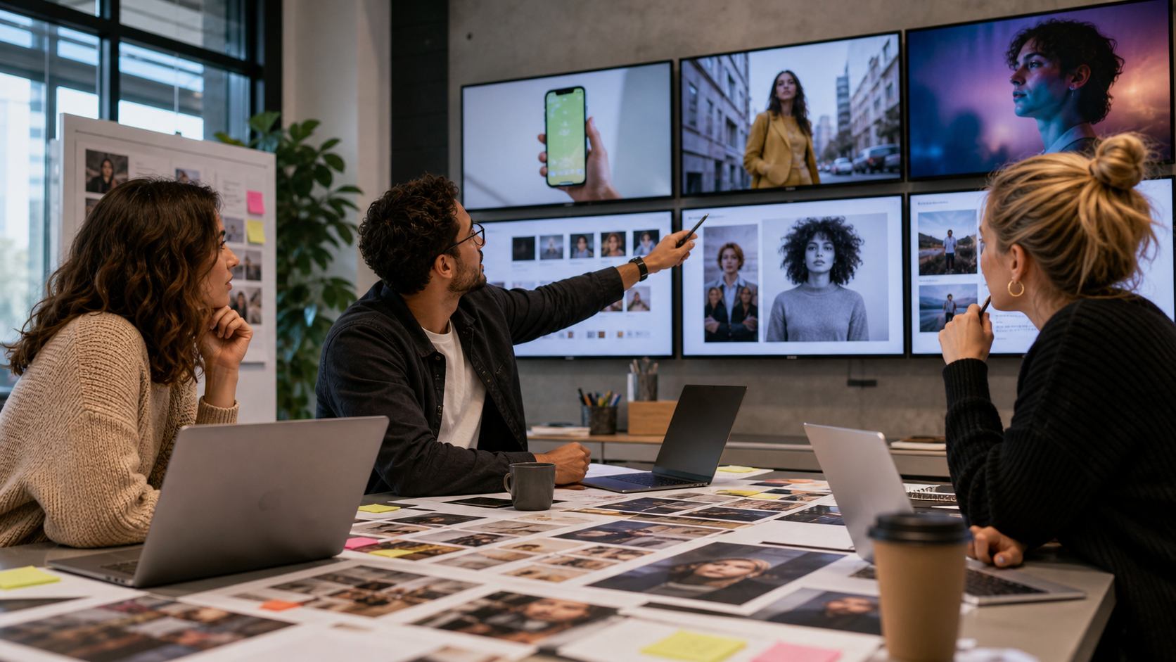 Advertising team reviewing campaign concepts and AI brand ambassador performance signals
