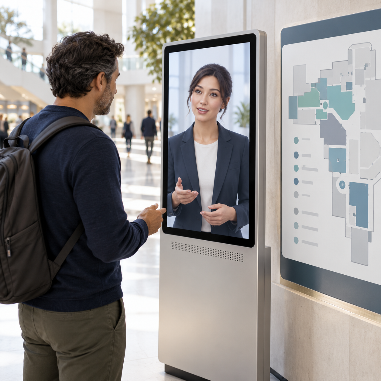Visitor using an avatar wayfinding kiosk beside a clear indoor venue map