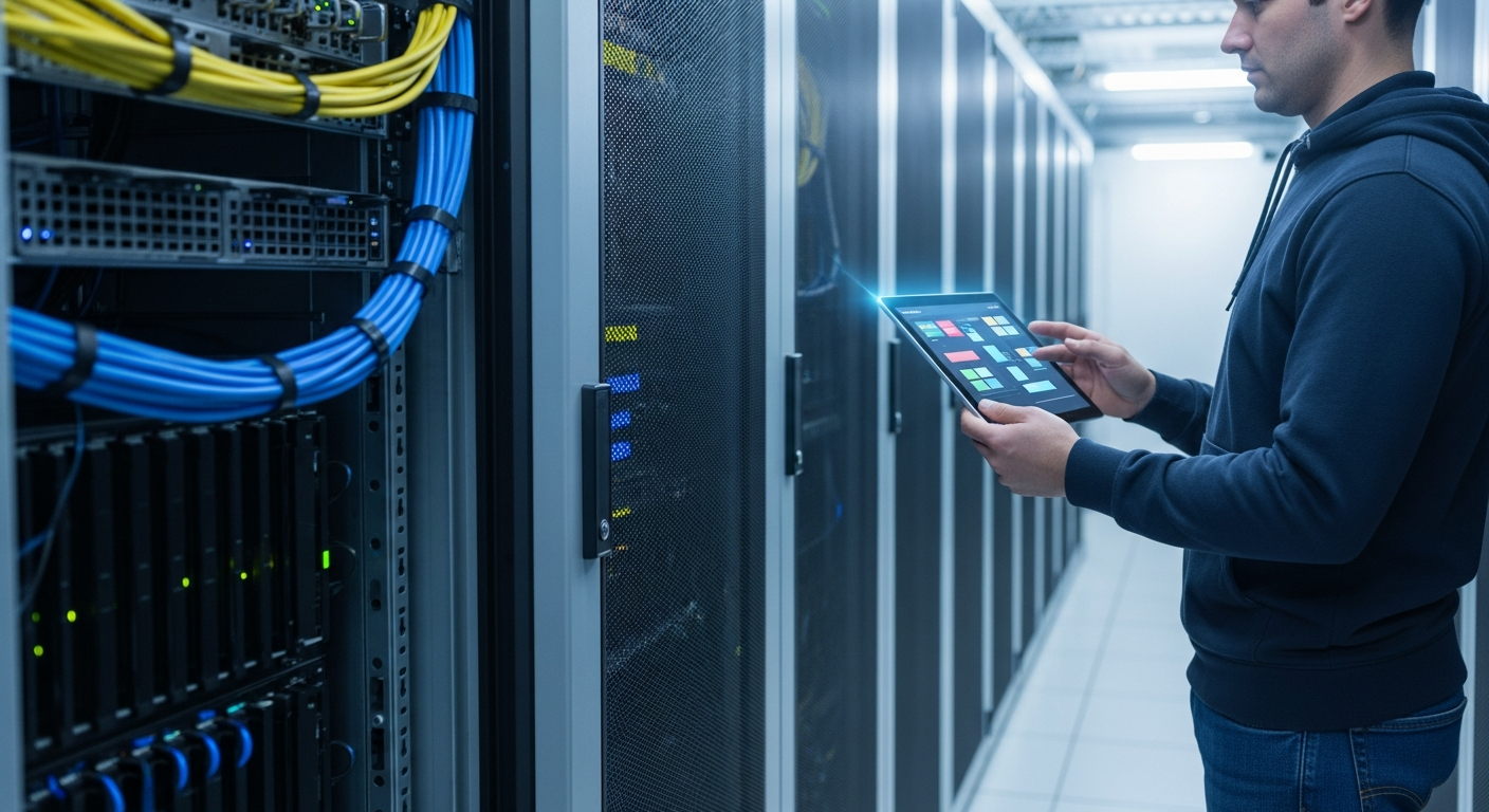 A technician monitoring cloud gaming servers inside a real data center, representing the backend infrastructure powering game streaming.