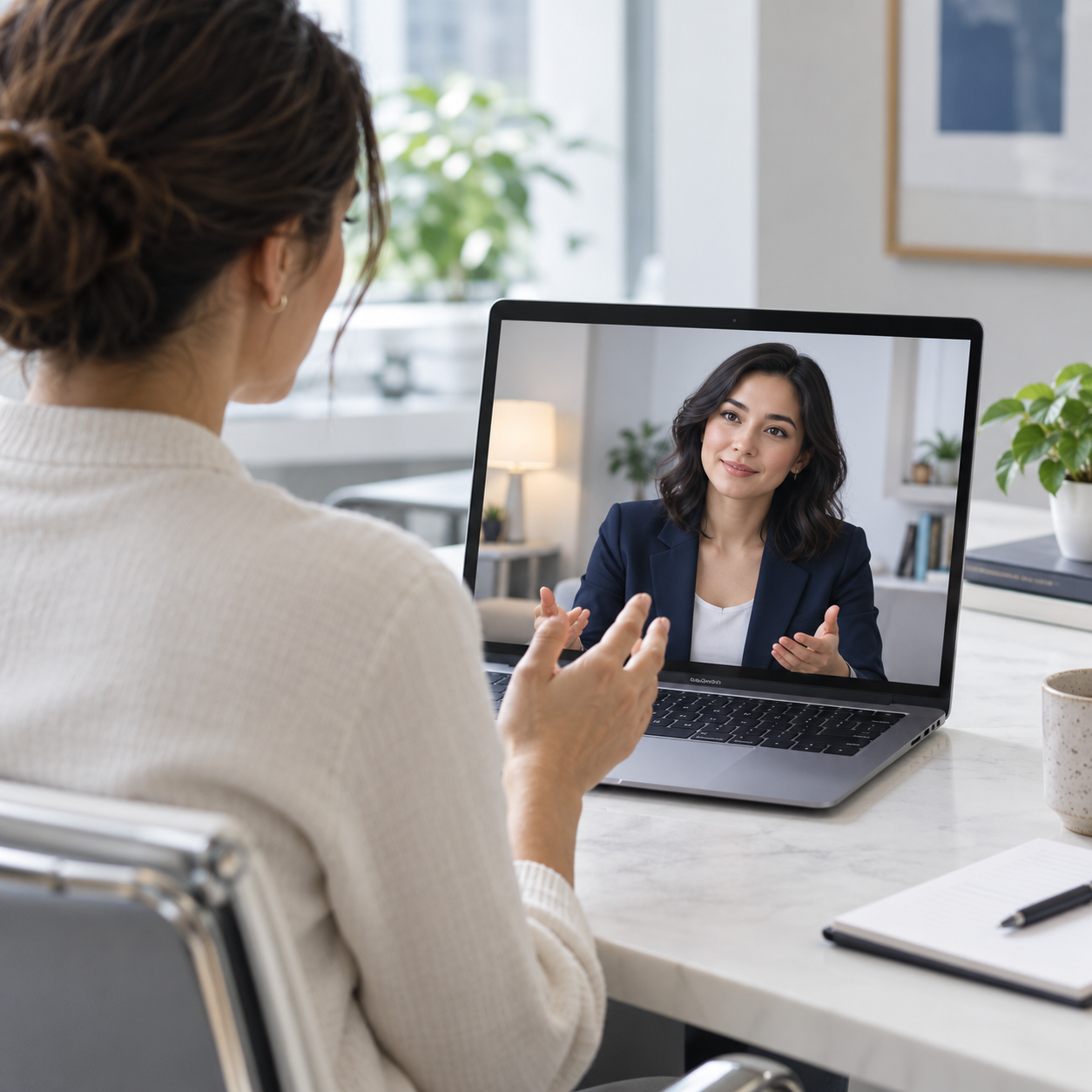 Employee consulting a friendly digital HR assistant on an office laptop