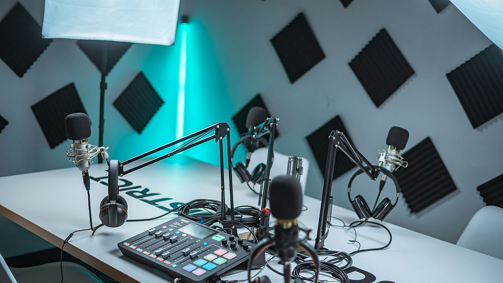 Recording studio microphones and headphones used for voice production