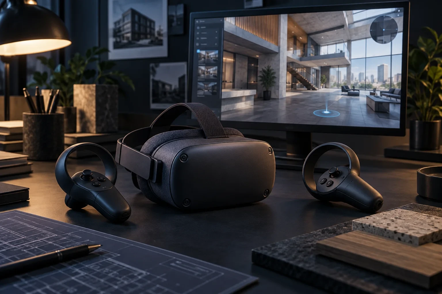 VR headset and controllers beside a monitor displaying an interactive architectural environment