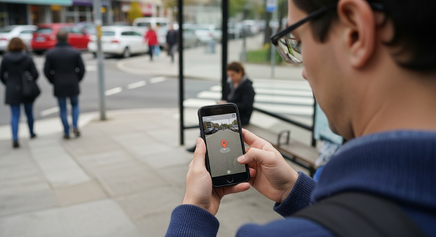 A player standing in a public space viewing an AR game waypoint on their smartphone screen during a location-based gaming session.