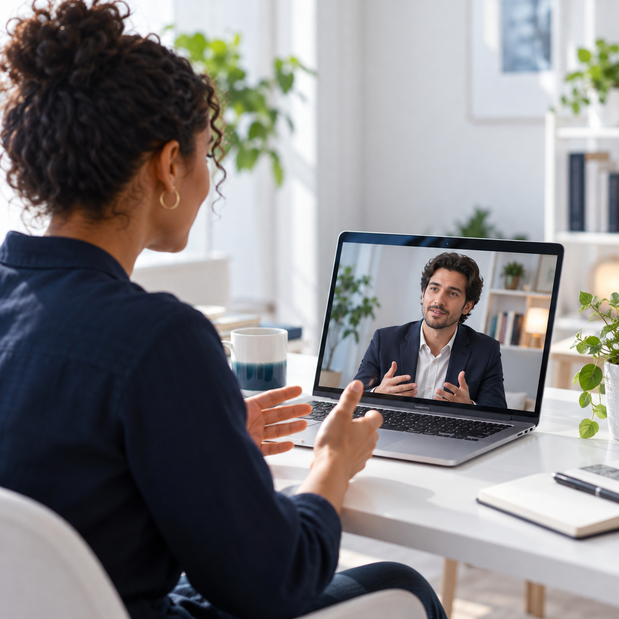 Adult learner practicing a mock interview with a digital interviewer on a laptop