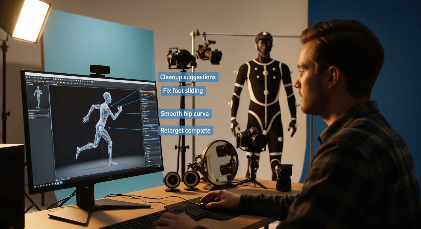 A mocap artist using AI tools to clean and refine captured character motion in a realistic animation studio.