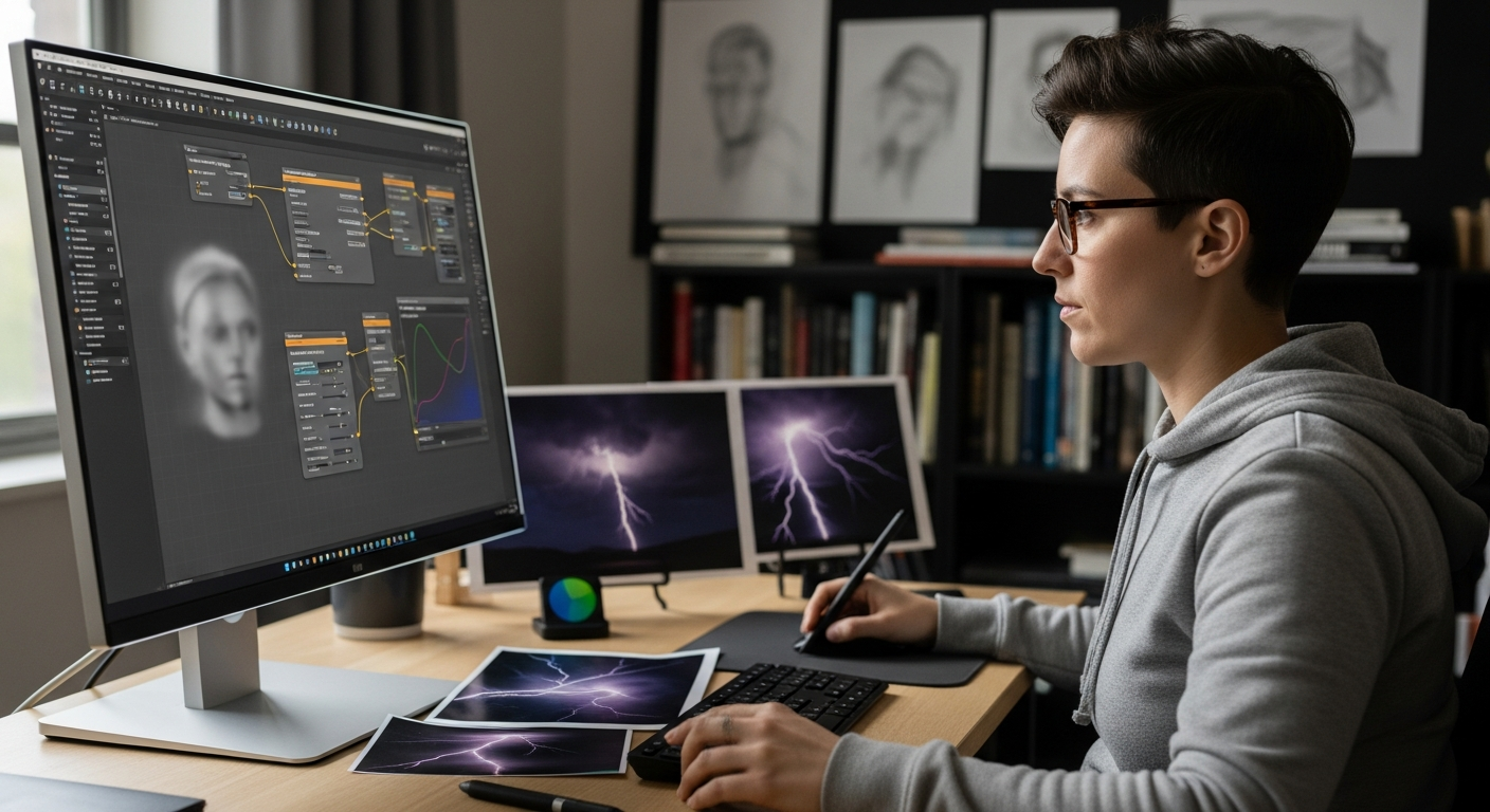 A technical artist fine-tuning real-time weather systems using blurred simulation tools in a game engine.